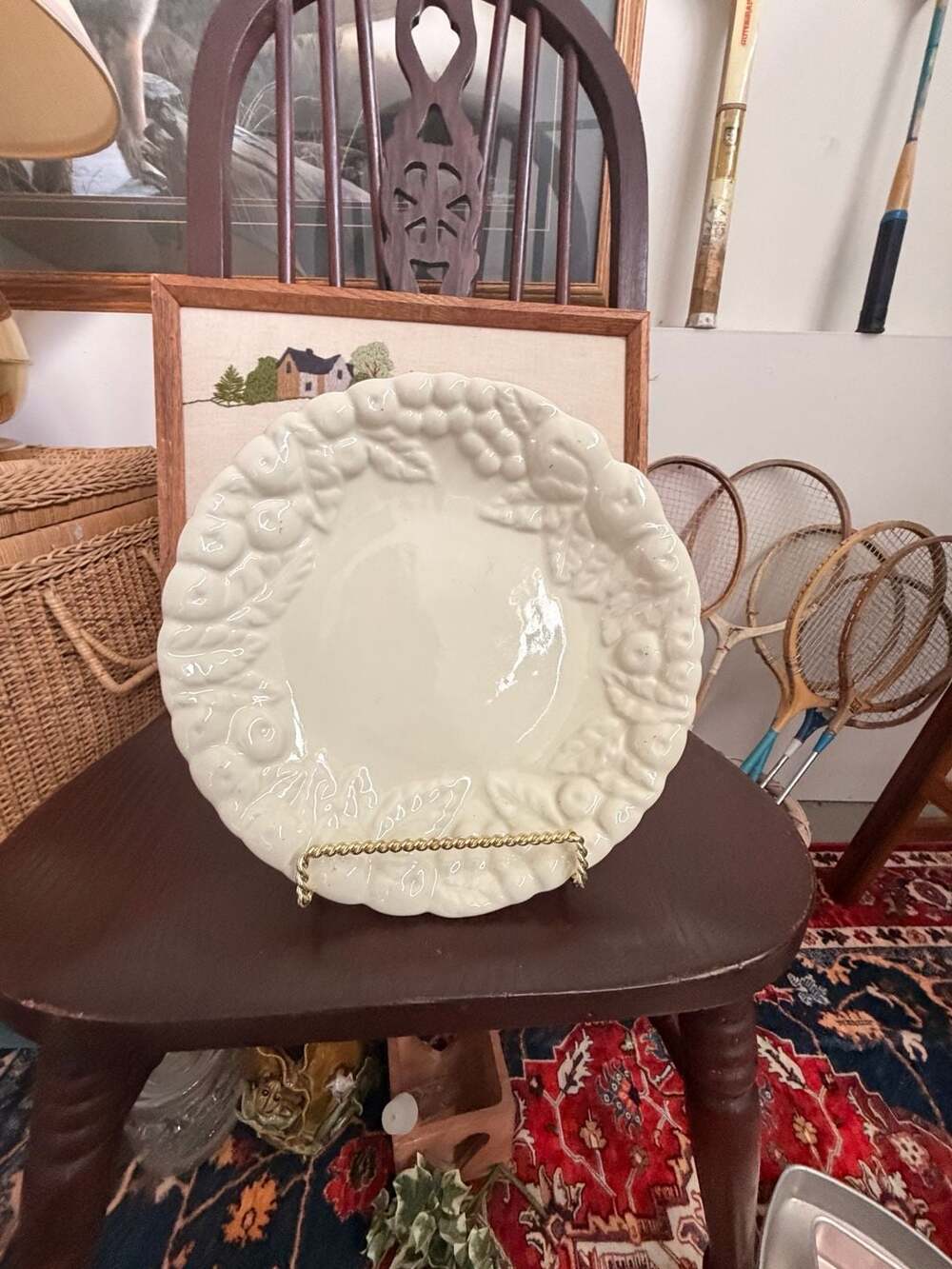 Vintage Claire Burke Ceramic Embossed Fruit & Leaves Decorative Plate Cream